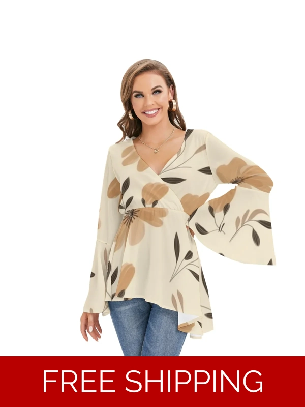Motiff V-Neck Blouse with Flared Sleeves